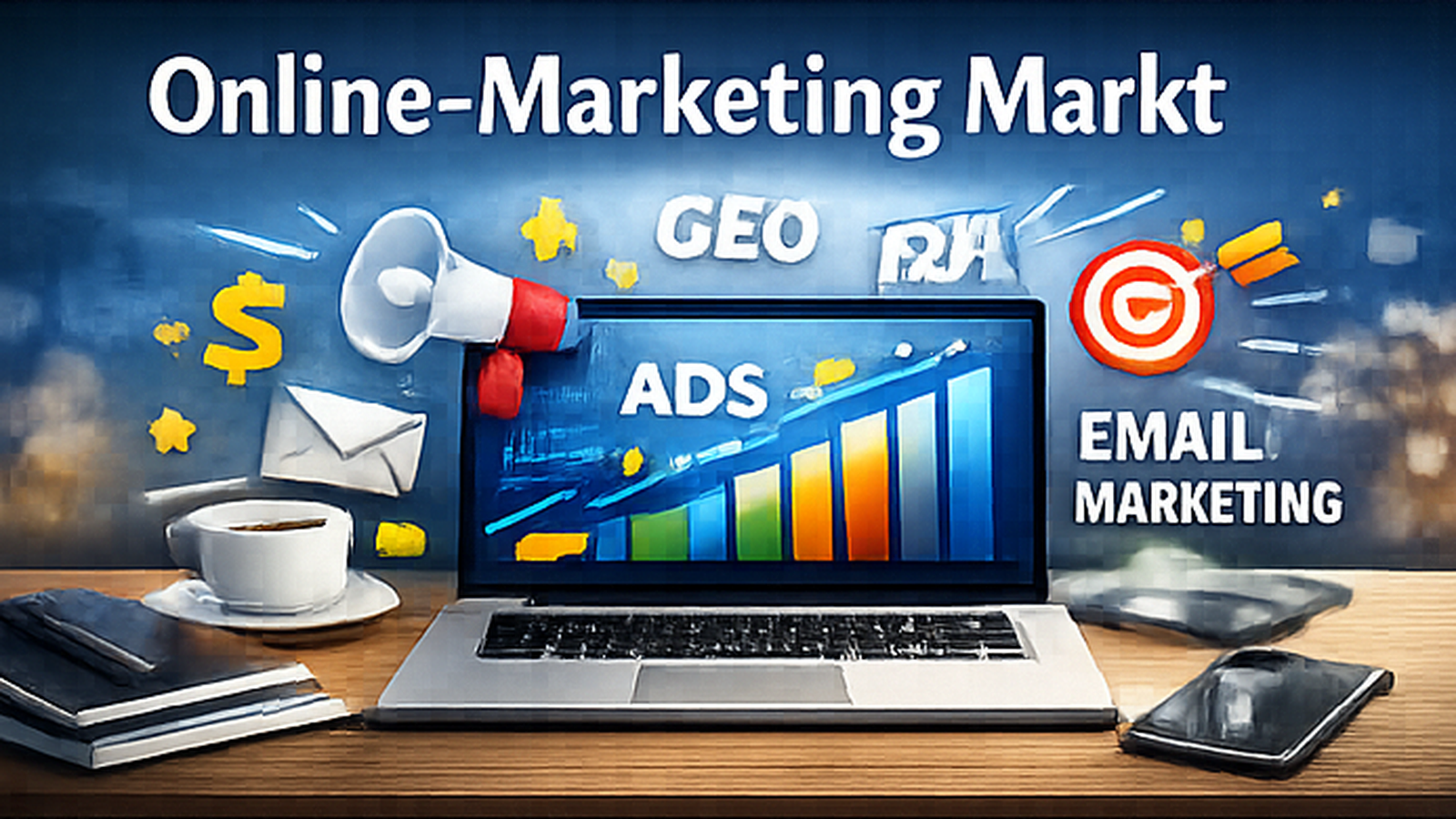 Online-Marketing-Markt mit Laptop und Smartphone