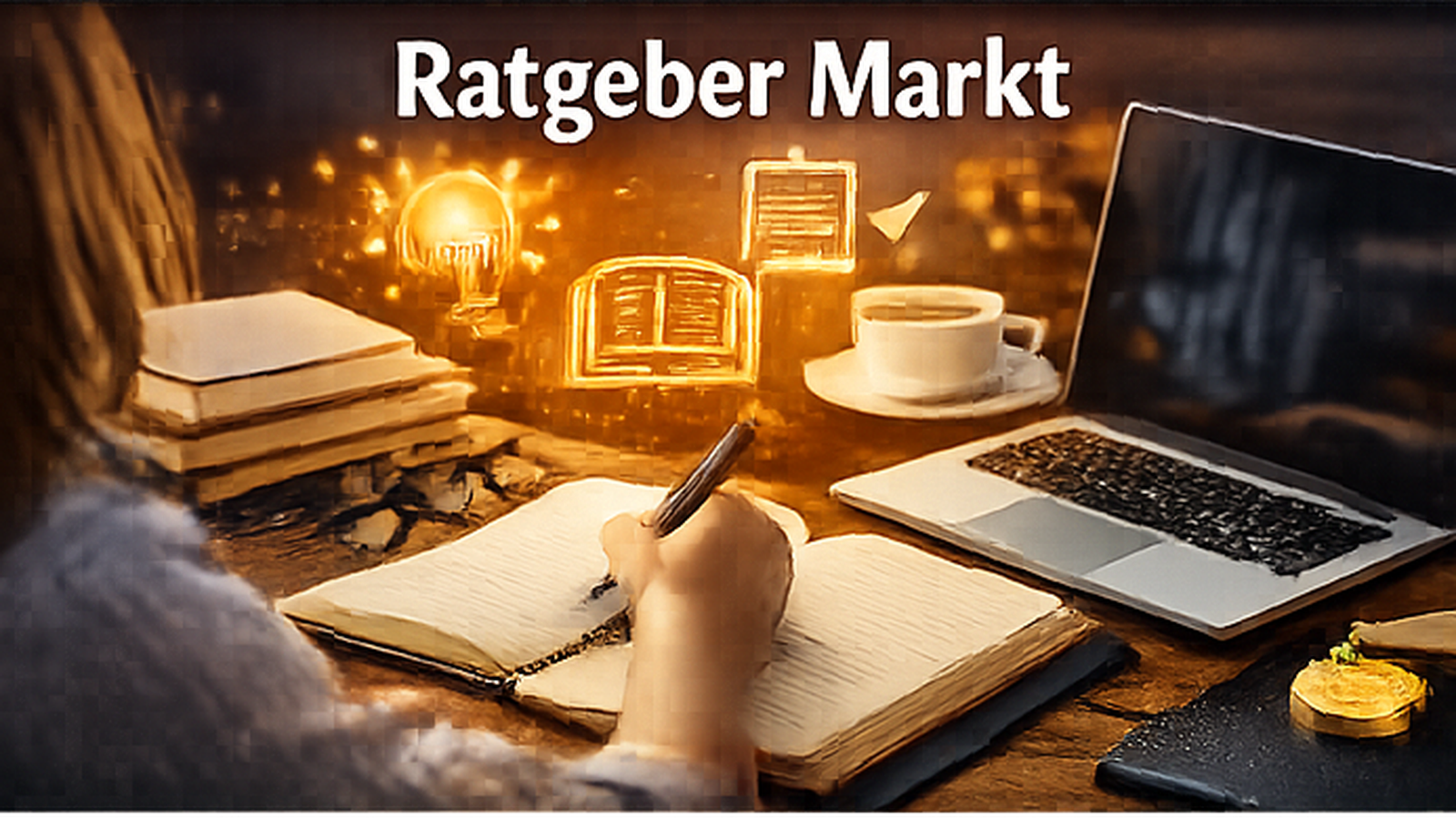 Ratgeber-Markt mit Büchern und Laptop