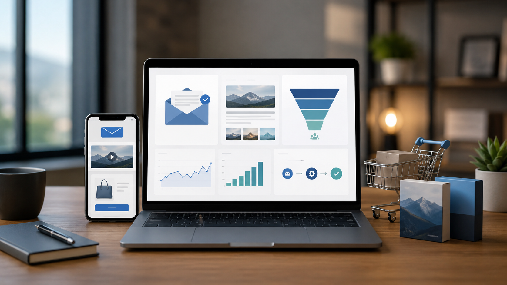 Online-Marketing-Markt Laptop Smartphone Funnel