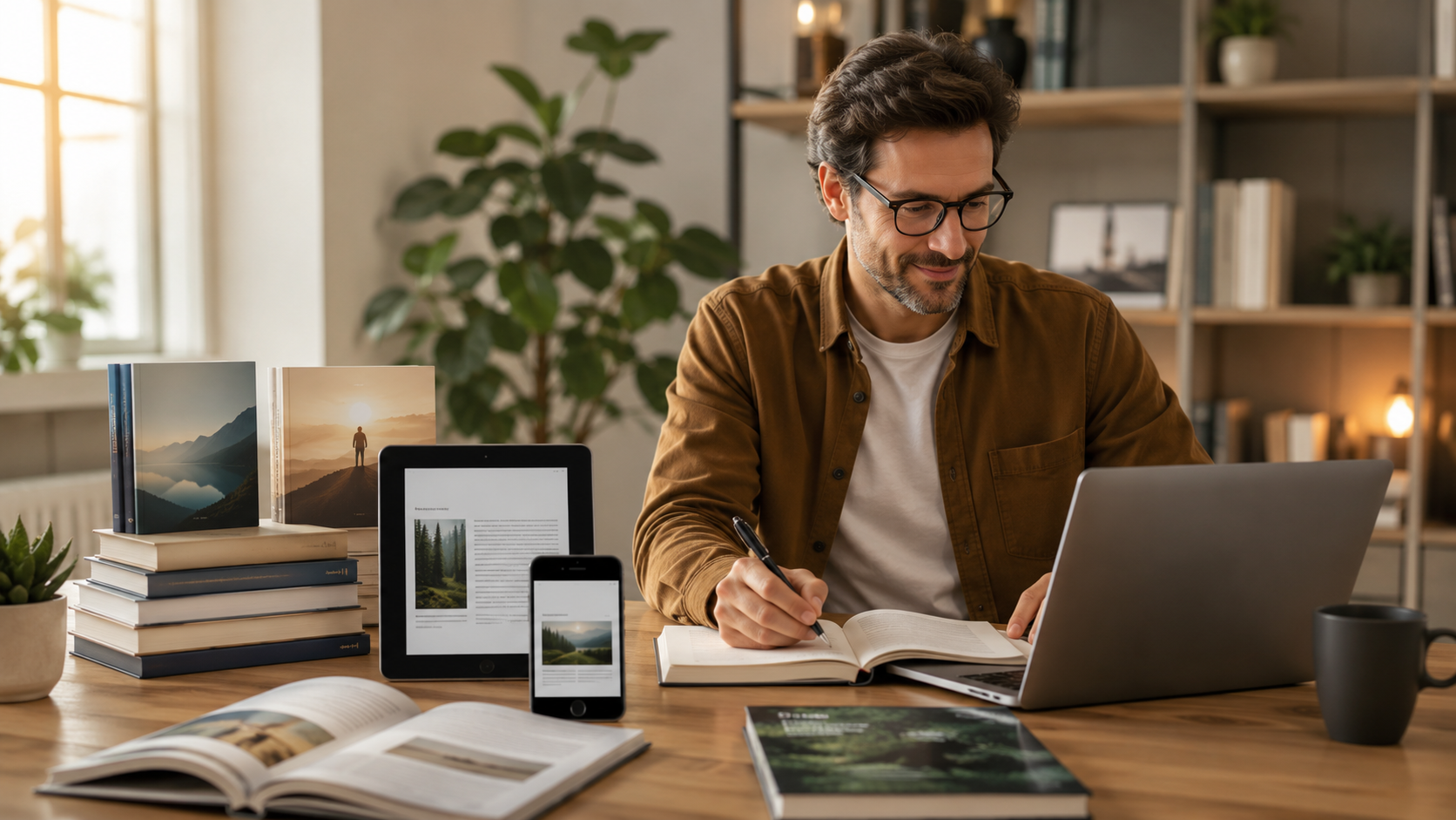 Digitaler Ratgeber mit Laptop und Büchern
