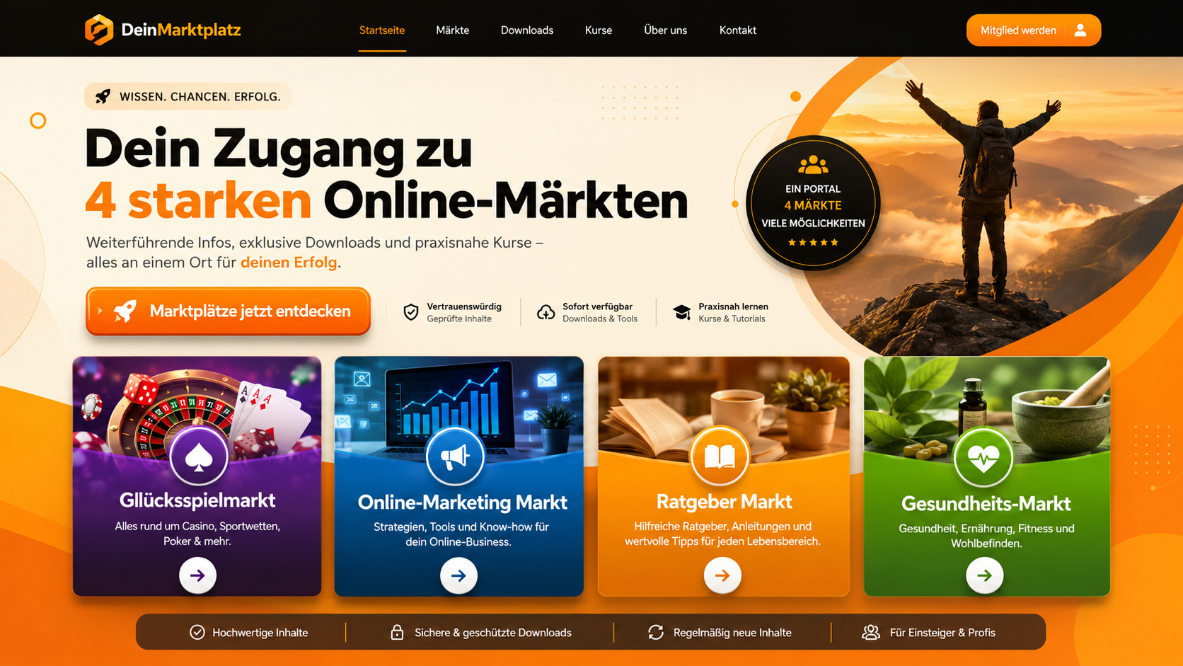 Vorschau Landingpage 4 starke Online-Märkte im orangefarbenen Design
